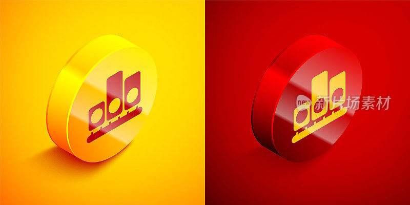 Isometric Ranking star icon isolated on orange and red background. Star rating system. Favorite, best rating, award symbol. Circle button. Vector